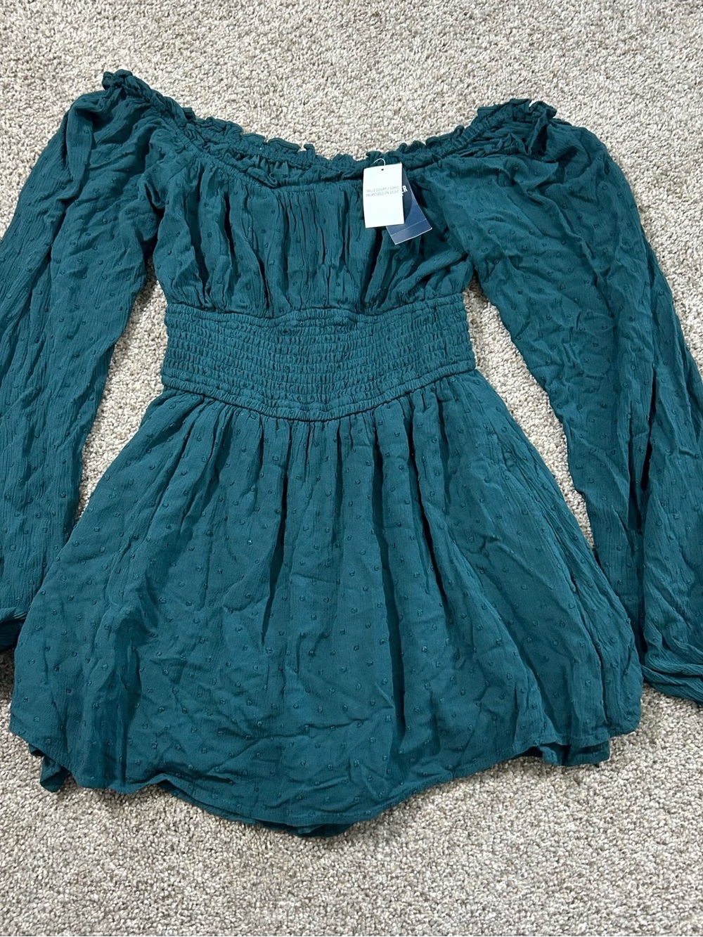 Hollister Teal Long Sleeve Smocked-Waist Peasant Dress